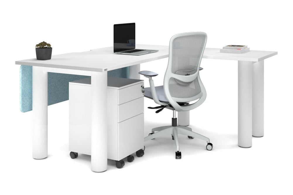 Quadro Cylinder Leg - L Shaped Corner Office Desk  [1600L x 1550W with Cable Scallop]-black leg dark oak metal modesty panel