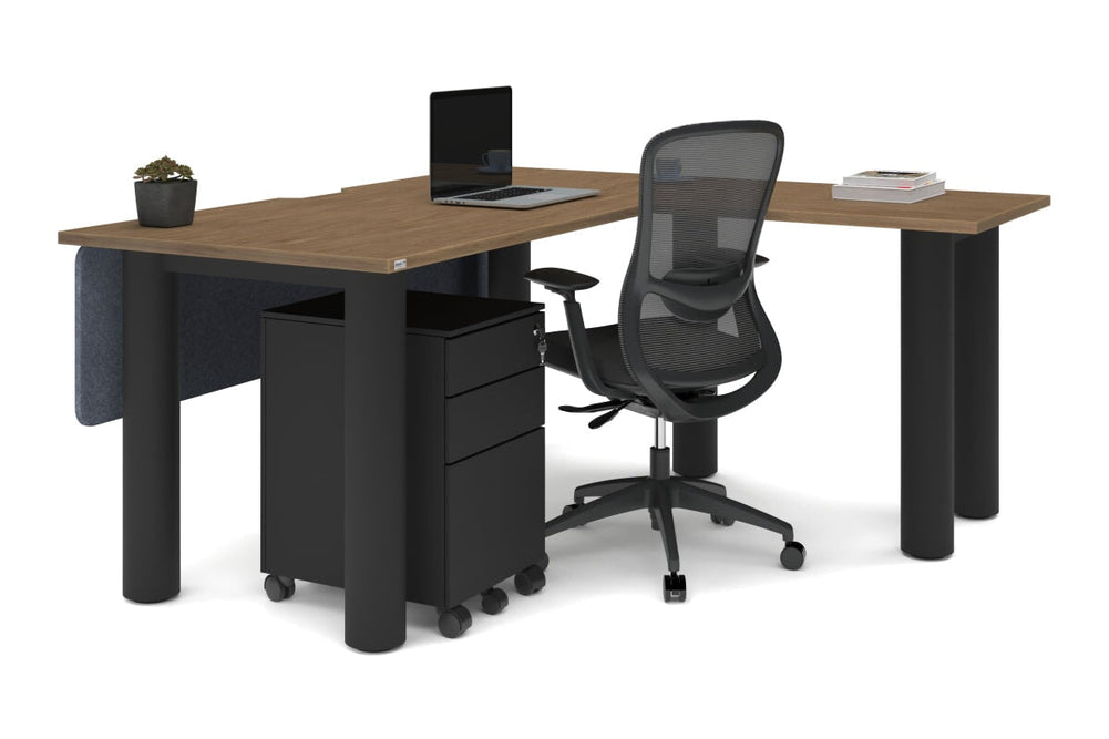 Quadro Cylinder Leg - L Shaped Corner Office Desk  [1600L x 1550W with Cable Scallop]-black leg dark oak metal modesty panel