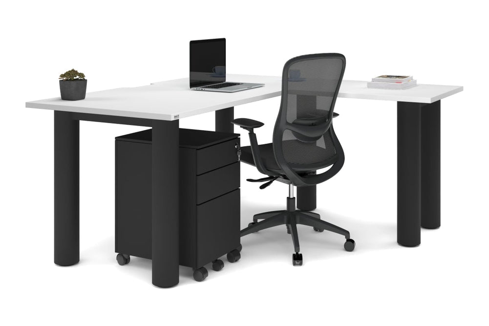 Quadro Cylinder Leg - L Shaped Corner Office Desk  [1600L x 1550W with Cable Scallop]-black leg dark oak metal modesty panel