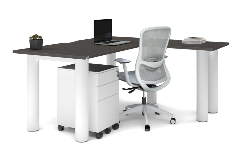 Quadro Cylinder Leg - L Shaped Corner Office Desk  [1600L x 1550W with Cable Scallop]-black leg dark oak metal modesty panel