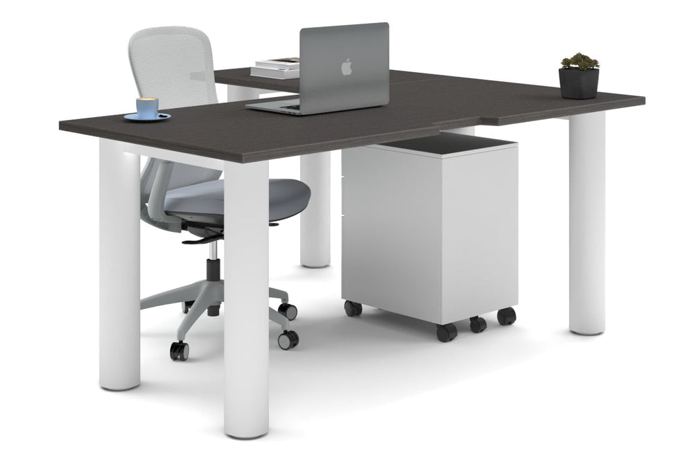 Quadro Cylinder Leg - L Shaped Corner Office Desk  [1600L x 1550W with Cable Scallop]-white leg dark oak none