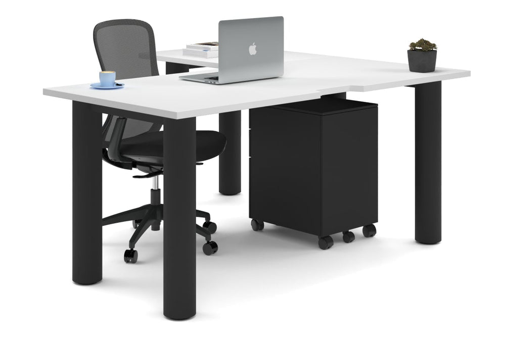 Quadro Cylinder Leg - L Shaped Corner Office Desk  [1600L x 1550W with Cable Scallop]-black leg white none