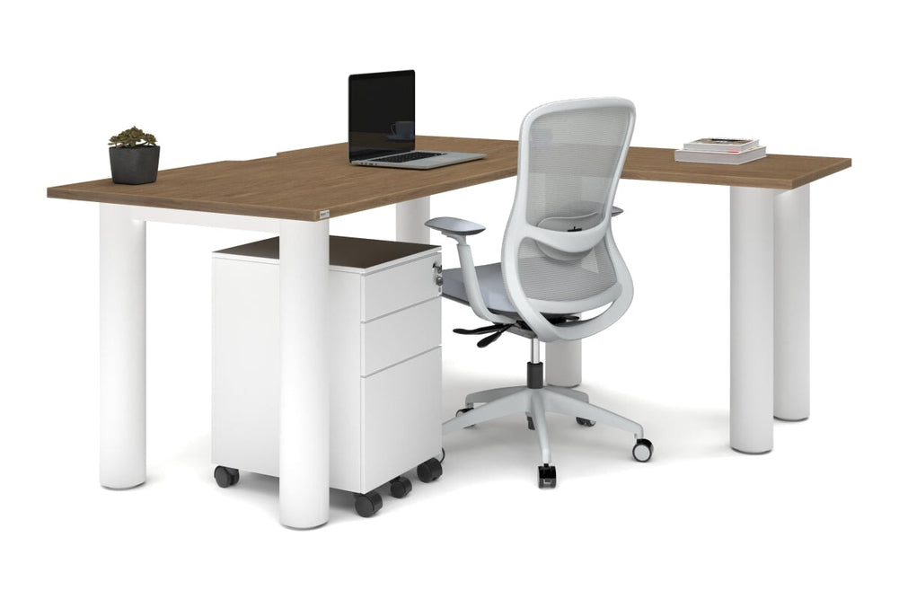 Quadro Cylinder Leg - L Shaped Corner Office Desk  [1600L x 1550W with Cable Scallop]-black leg dark oak metal modesty panel
