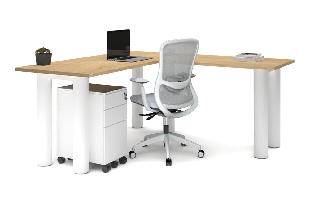 Quadro Cylinder Leg - L Shaped Corner Office Desk  [1600L x 1700W]-black leg dark oak metal modesty panel