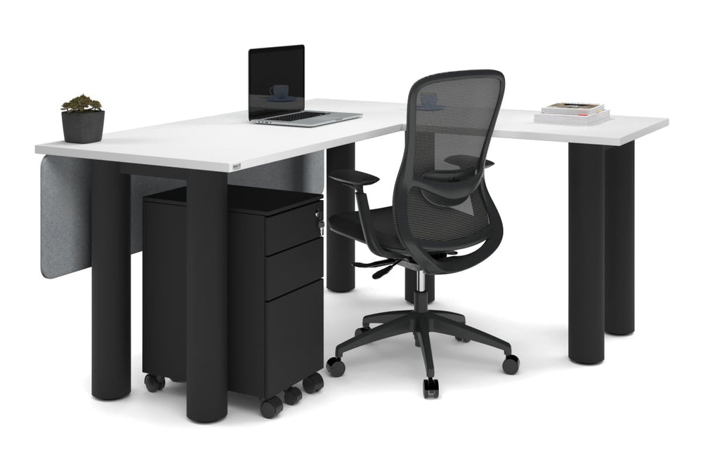 Quadro Cylinder Leg - L Shaped Corner Office Desk  [1600L x 1700W]-black leg dark oak metal modesty panel