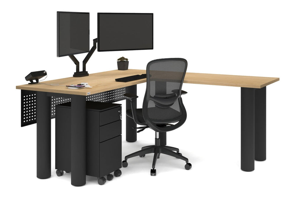 Quadro Cylinder Leg - L Shaped Corner Office Desk  [1600L x 1700W]-black leg dark oak metal modesty panel