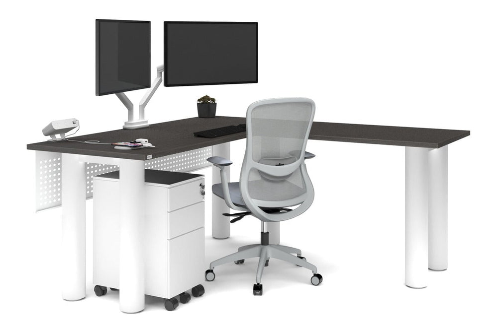 Quadro Cylinder Leg - L Shaped Corner Office Desk  [1600L x 1700W]-black leg dark oak metal modesty panel