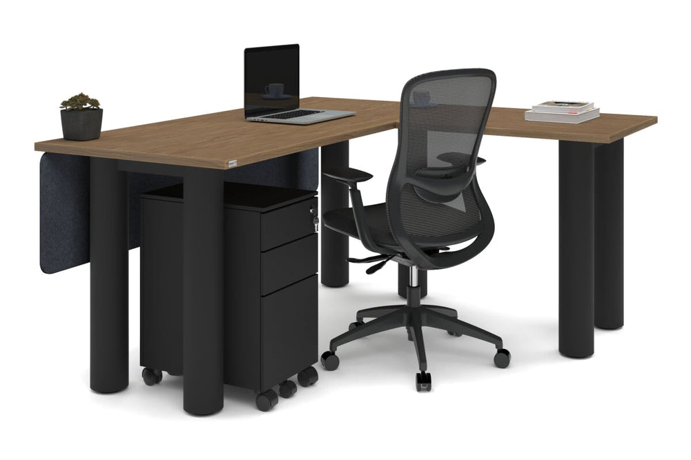 Quadro Cylinder Leg - L Shaped Corner Office Desk  [1600L x 1700W]-black leg dark oak metal modesty panel