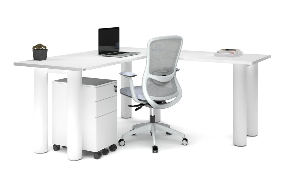 Quadro Cylinder Leg - L Shaped Corner Office Desk  [1600L x 1700W]-black leg dark oak metal modesty panel