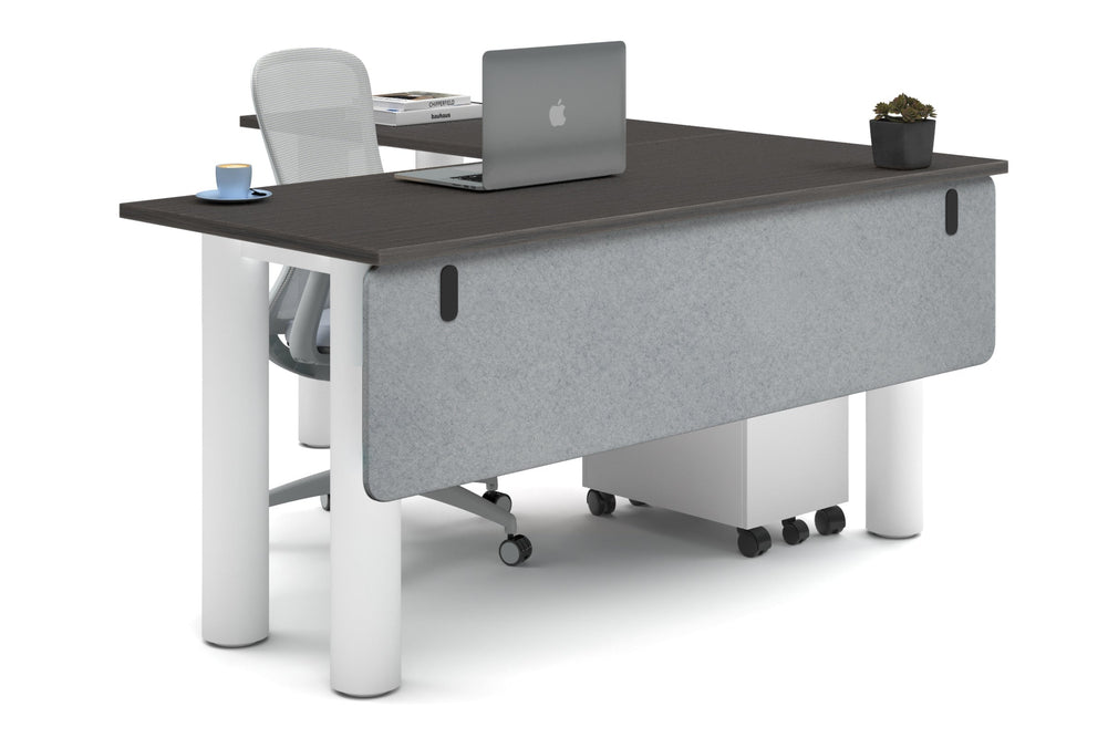 Quadro Cylinder Leg - L Shaped Corner Office Desk  [1600L x 1700W]-white leg dark oak light grey acoustic modesty panel (350H x 1600W)