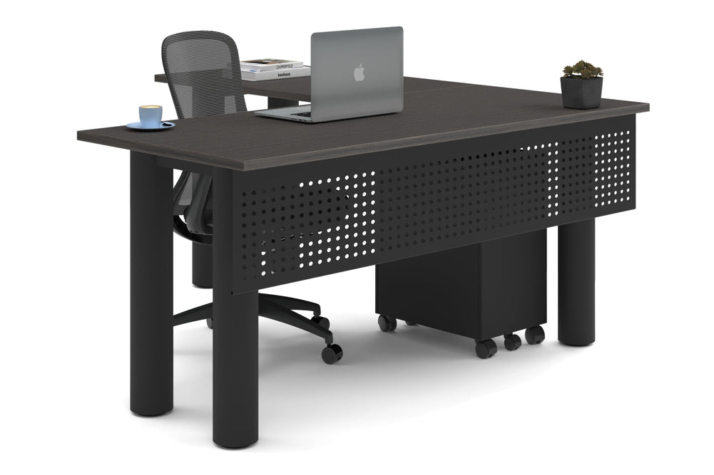 Quadro Cylinder Leg - L Shaped Corner Office Desk  [1600L x 1700W]-black leg dark oak metal modesty panel