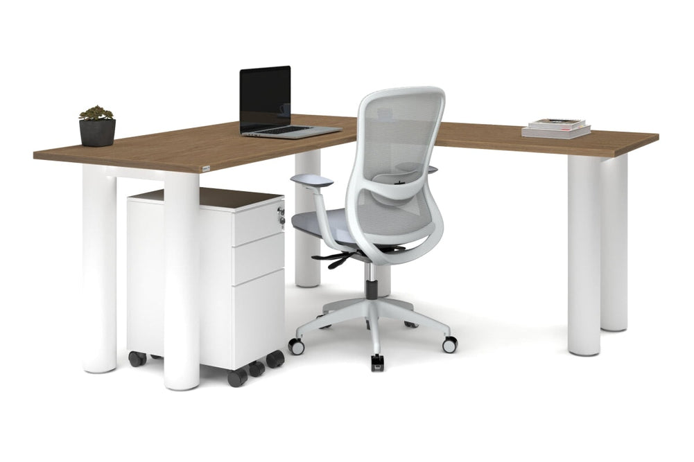 Quadro Cylinder Leg - L Shaped Corner Office Desk  [1600L x 1700W]-black leg dark oak metal modesty panel