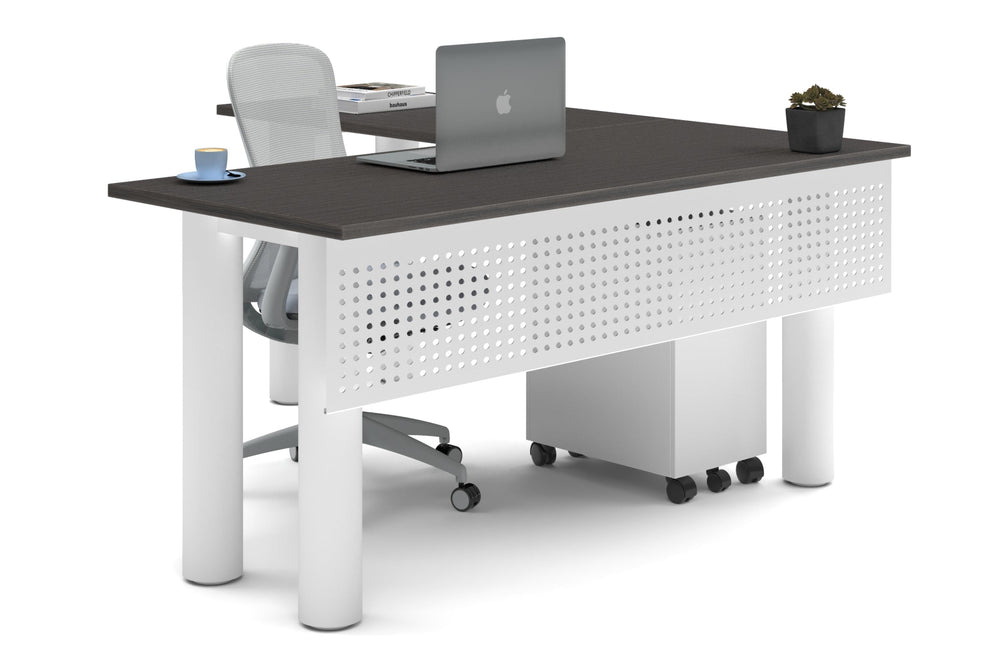 Quadro Cylinder Leg - L Shaped Corner Office Desk  [1600L x 1700W]-white leg dark oak metal modesty panel