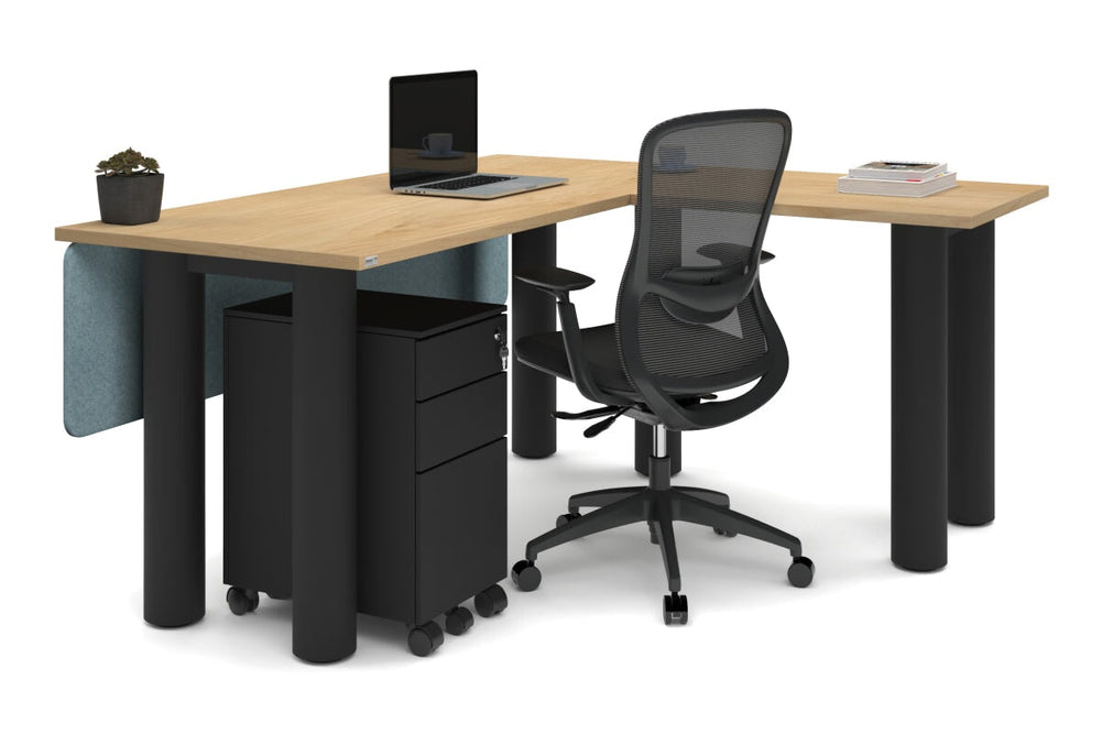 Quadro Cylinder Leg - L Shaped Corner Office Desk  [1600L x 1700W]-black leg dark oak metal modesty panel
