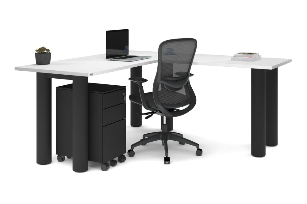 Quadro Cylinder Leg - L Shaped Corner Office Desk  [1600L x 1700W]-black leg dark oak metal modesty panel