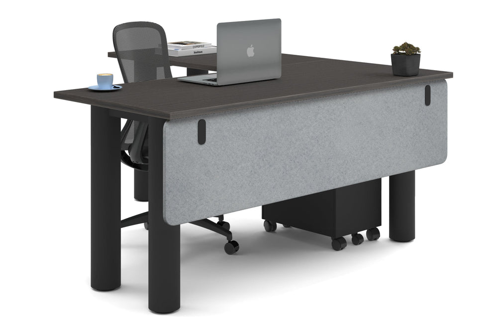 Quadro Cylinder Leg - L Shaped Corner Office Desk  [1600L x 1700W]-black leg dark oak light grey acoustic modesty panel (350H x 1600W)