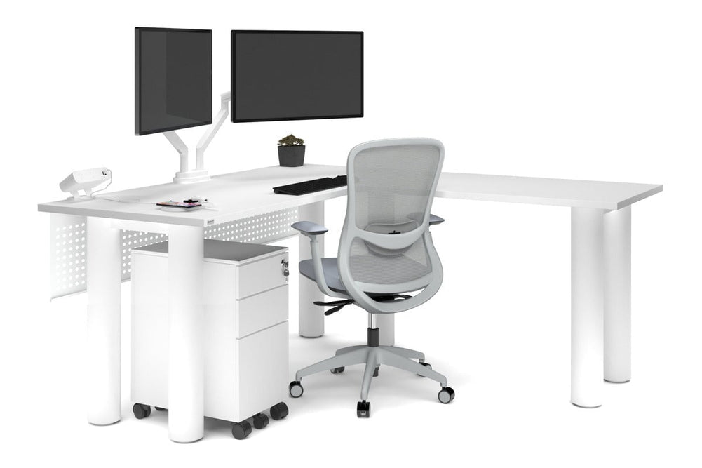 Quadro Cylinder Leg - L Shaped Corner Office Desk  [1600L x 1700W]-black leg dark oak metal modesty panel