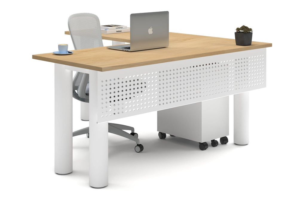 Quadro Cylinder Leg - L Shaped Corner Office Desk  [1600L x 1700W]-white leg maple metal modesty panel