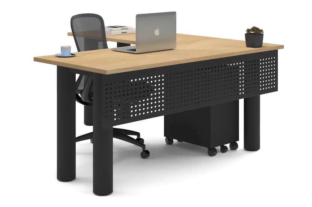 Quadro Cylinder Leg - L Shaped Corner Office Desk  [1600L x 1700W]-black leg maple metal modesty panel