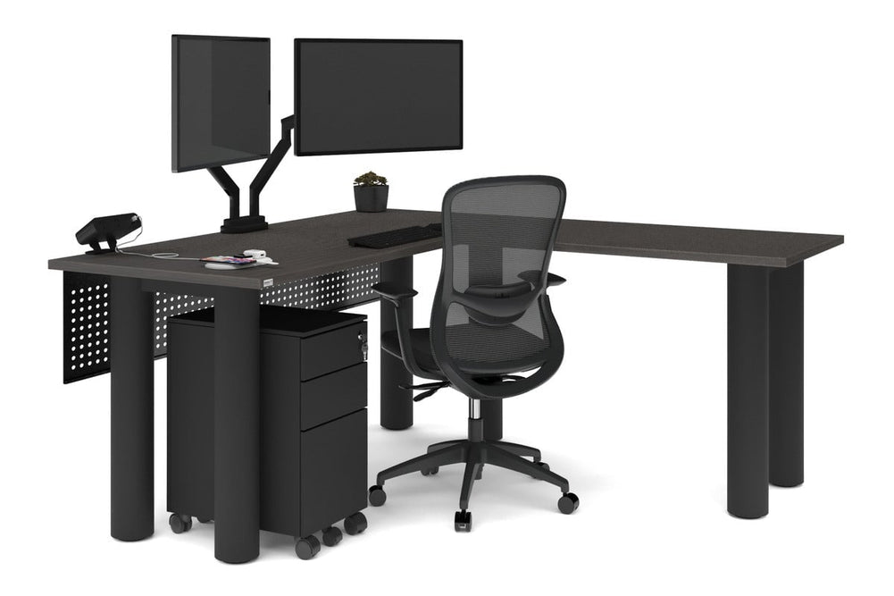 Quadro Cylinder Leg - L Shaped Corner Office Desk  [1600L x 1700W]-black leg dark oak metal modesty panel
