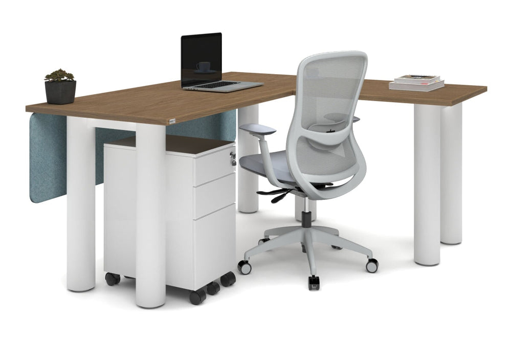 Quadro Cylinder Leg - L Shaped Corner Office Desk  [1600L x 1700W]-black leg dark oak metal modesty panel