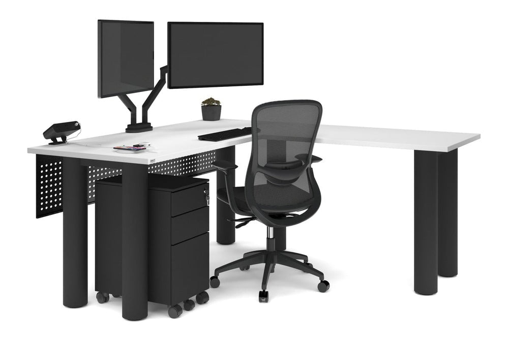 Quadro Cylinder Leg - L Shaped Corner Office Desk  [1600L x 1700W]-black leg dark oak metal modesty panel