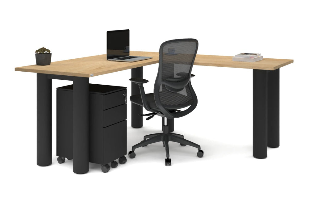 Quadro Cylinder Leg - L Shaped Corner Office Desk  [1600L x 1700W]-black leg dark oak metal modesty panel