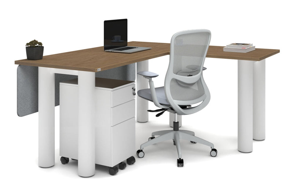 Quadro Cylinder Leg - L Shaped Corner Office Desk  [1600L x 1700W]-black leg dark oak metal modesty panel