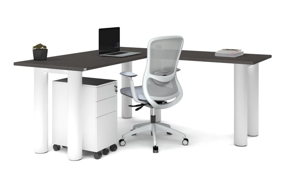 Quadro Cylinder Leg - L Shaped Corner Office Desk  [1600L x 1700W]-black leg dark oak metal modesty panel