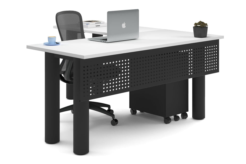 Quadro Cylinder Leg - L Shaped Corner Office Desk  [1600L x 1700W]-black leg white metal modesty panel