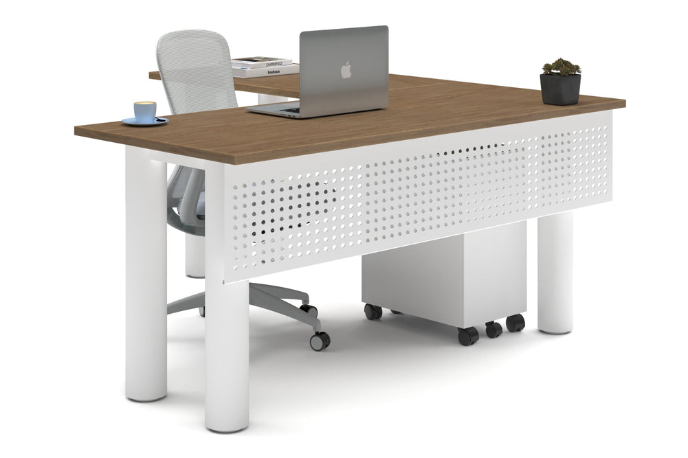 Quadro Cylinder Leg - L Shaped Corner Office Desk  [1600L x 1700W]-white leg salvage oak metal modesty panel