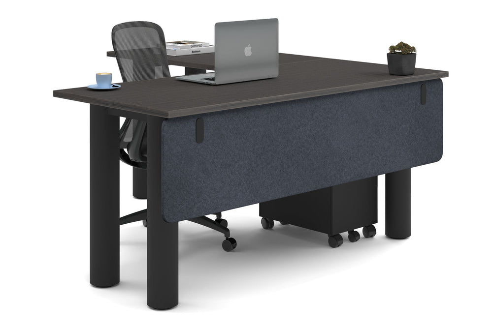 Quadro Cylinder Leg - L Shaped Corner Office Desk  [1600L x 1700W]-black leg dark oak dark grey acoustic modesty panel (350H x 1600W)