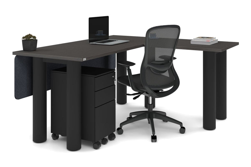 Quadro Cylinder Leg - L Shaped Corner Office Desk  [1600L x 1700W]-black leg dark oak metal modesty panel