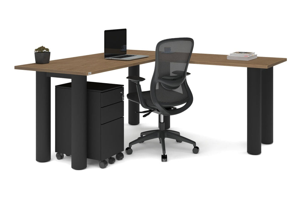 Quadro Cylinder Leg - L Shaped Corner Office Desk  [1600L x 1700W]-black leg dark oak metal modesty panel