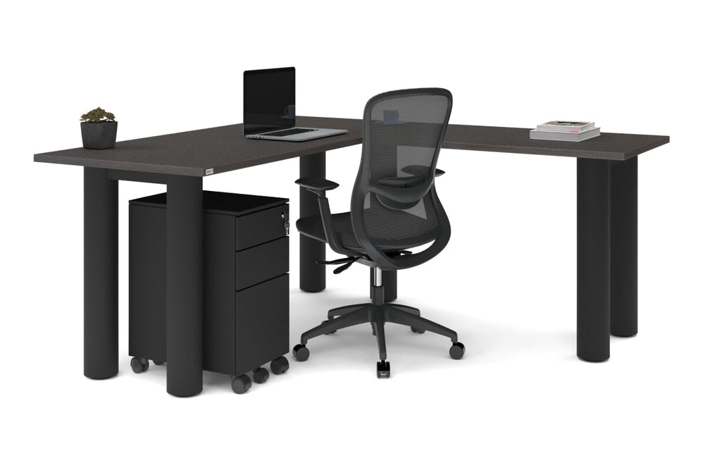 Quadro Cylinder Leg - L Shaped Corner Office Desk  [1600L x 1700W]-black leg dark oak metal modesty panel