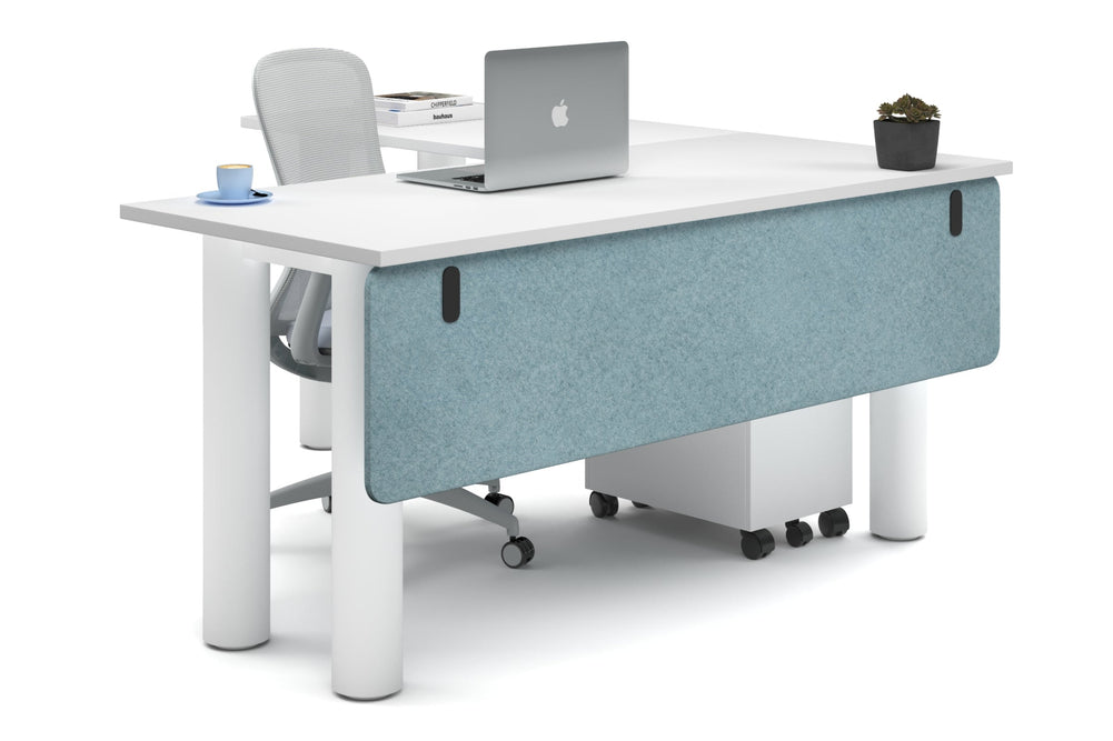 Quadro Cylinder Leg - L Shaped Corner Office Desk  [1600L x 1700W]-white leg white blue acoustic modesty panel (350H x 1600W)