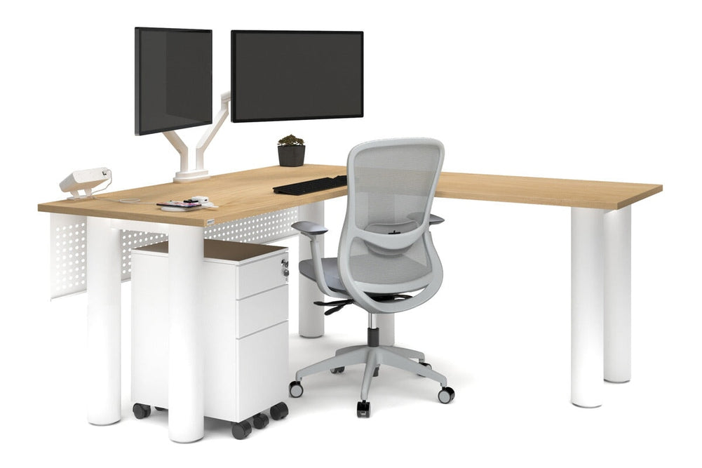 Quadro Cylinder Leg - L Shaped Corner Office Desk  [1600L x 1700W]-black leg dark oak metal modesty panel