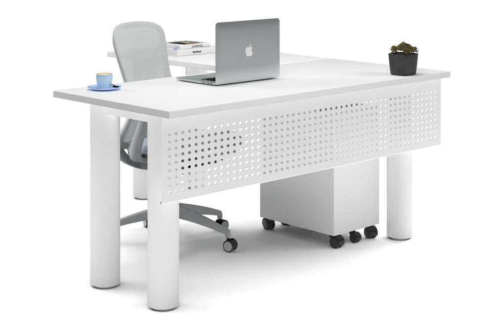 Quadro Cylinder Leg - L Shaped Corner Office Desk  [1600L x 1700W]-white leg white metal modesty panel