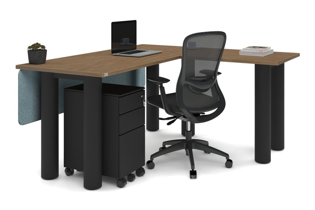Quadro Cylinder Leg - L Shaped Corner Office Desk  [1600L x 1700W]-black leg dark oak metal modesty panel