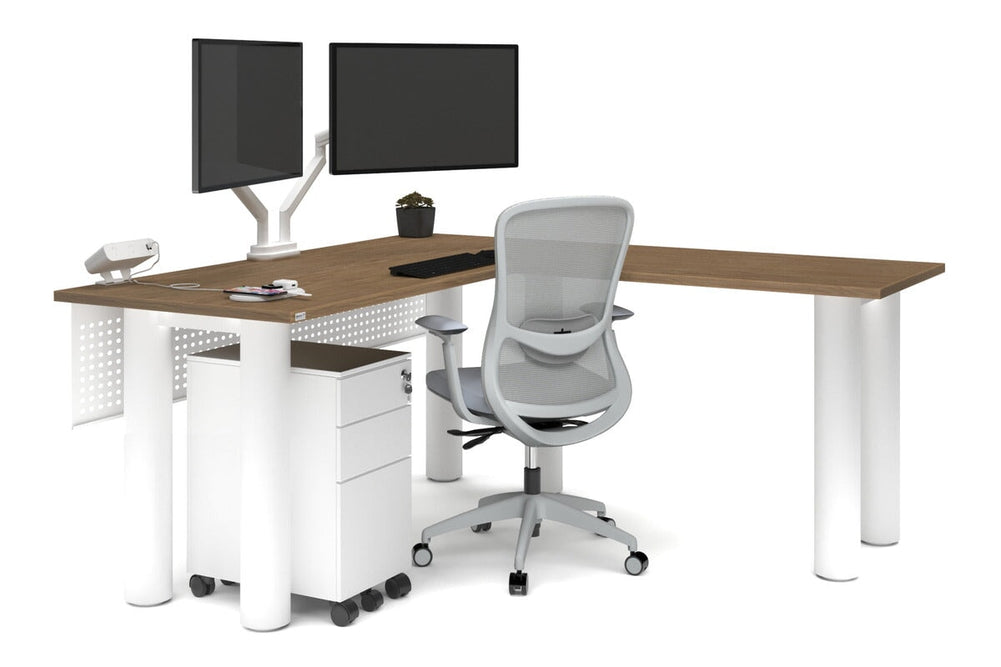 Quadro Cylinder Leg - L Shaped Corner Office Desk  [1600L x 1700W]-black leg dark oak metal modesty panel