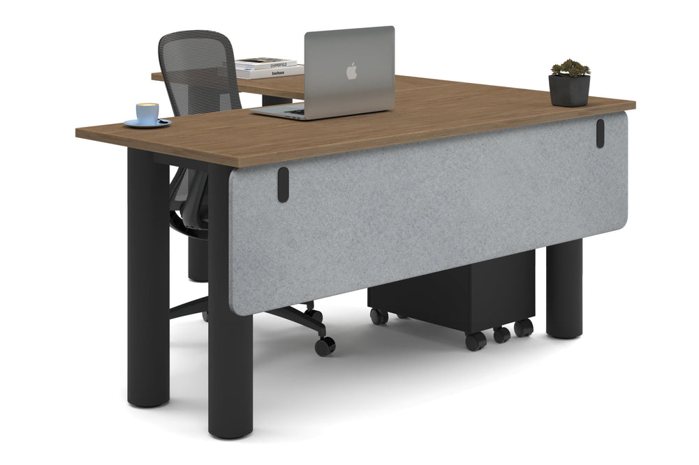 Quadro Cylinder Leg - L Shaped Corner Office Desk  [1600L x 1700W]-black leg salvage oak light grey acoustic modesty panel (350H x 1600W)