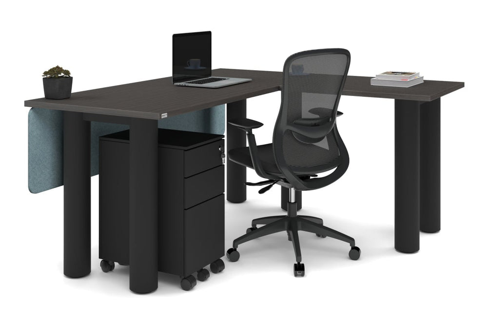 Quadro Cylinder Leg - L Shaped Corner Office Desk  [1600L x 1700W]-black leg dark oak metal modesty panel
