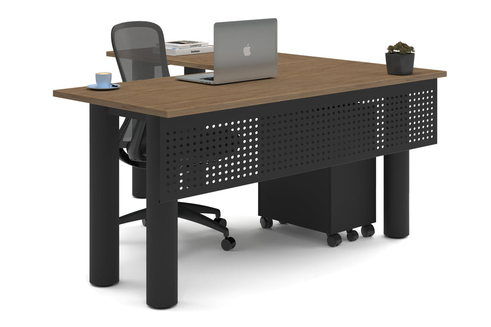 Quadro Cylinder Leg - L Shaped Corner Office Desk  [1600L x 1700W]-black leg salvage oak metal modesty panel