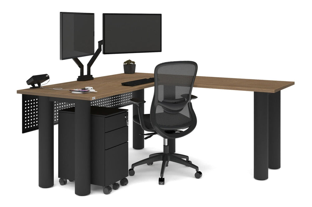 Quadro Cylinder Leg - L Shaped Corner Office Desk  [1600L x 1700W]-black leg dark oak metal modesty panel