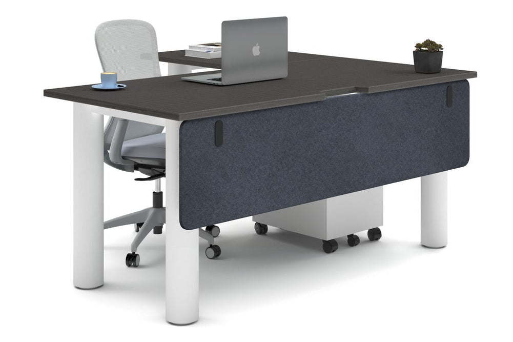 Quadro Cylinder Leg - L Shaped Corner Office Desk  [1600L x 1800W with Cable Scallop]-white leg dark oak dark grey acoustic modesty panel (350H x 1600W)