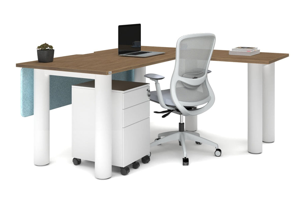 Quadro Cylinder Leg - L Shaped Corner Office Desk  [1600L x 1800W with Cable Scallop]-black leg dark oak metal modesty panel