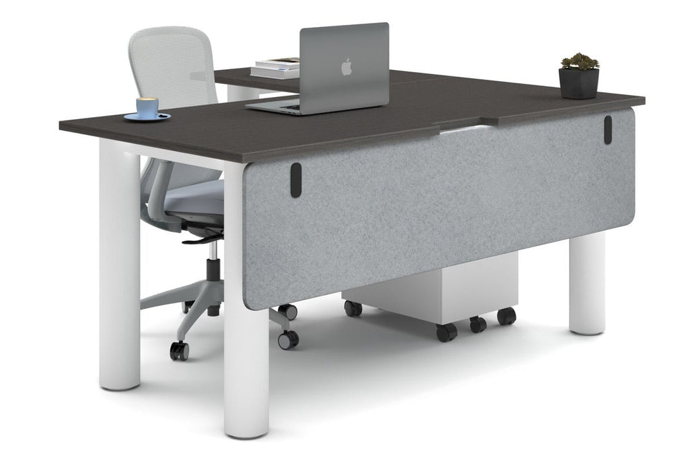 Quadro Cylinder Leg - L Shaped Corner Office Desk  [1600L x 1800W with Cable Scallop]-white leg dark oak light grey acoustic modesty panel (350H x 1600W)