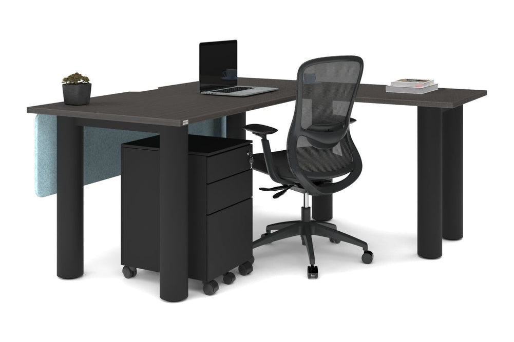 Quadro Cylinder Leg - L Shaped Corner Office Desk  [1600L x 1800W with Cable Scallop]-black leg dark oak metal modesty panel
