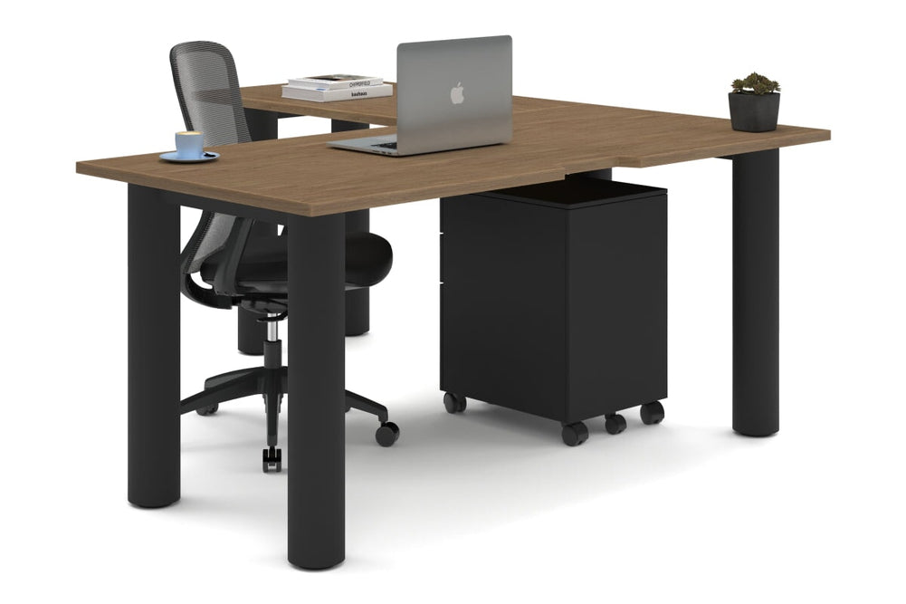 Quadro Cylinder Leg - L Shaped Corner Office Desk  [1600L x 1800W with Cable Scallop]-black leg salvage oak none