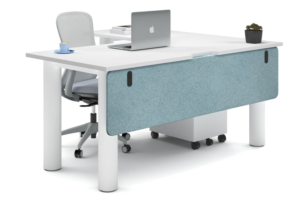 Quadro Cylinder Leg - L Shaped Corner Office Desk  [1600L x 1800W with Cable Scallop]-white leg white blue acoustic modesty panel (350H x 1600W)
